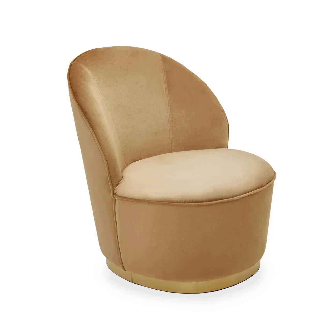 Beige velvet accent chair with curved back and gold base