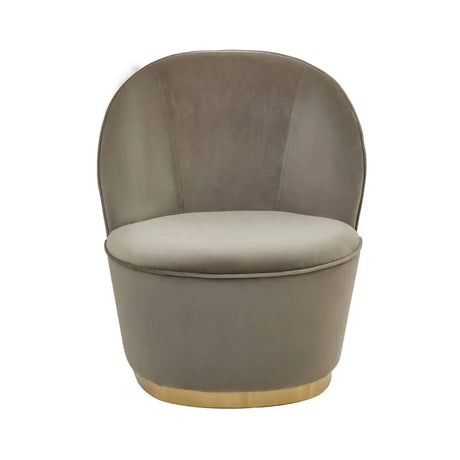 Grey velvet accent chair with curved back and gold base, front view