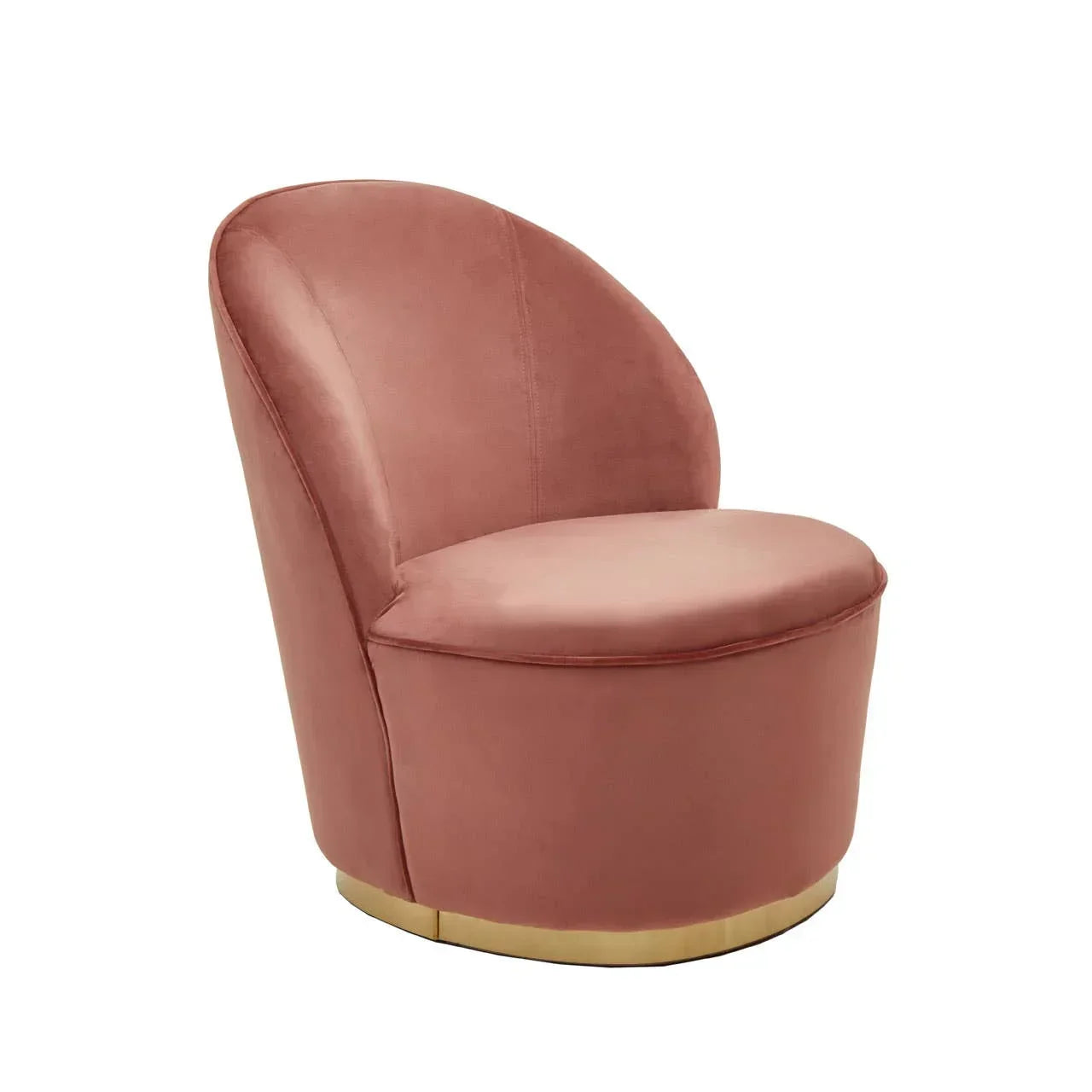 Pink velvet accent chair with gold base, rounded backrest and cushioned seat, studio view