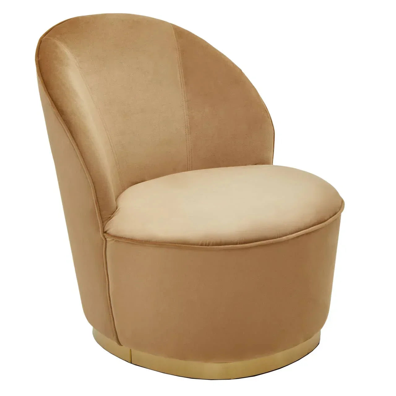Beige velvet accent chair with curved back and gold base