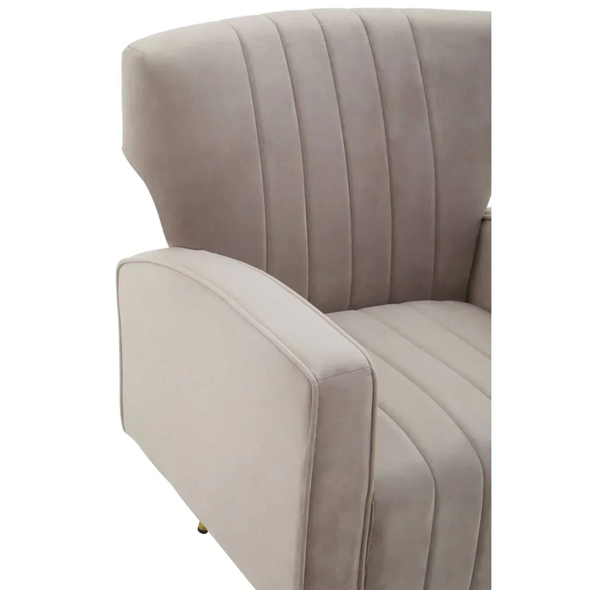 Beige velvet armchair with vertical stitched backrest, close up of arm and seat detail