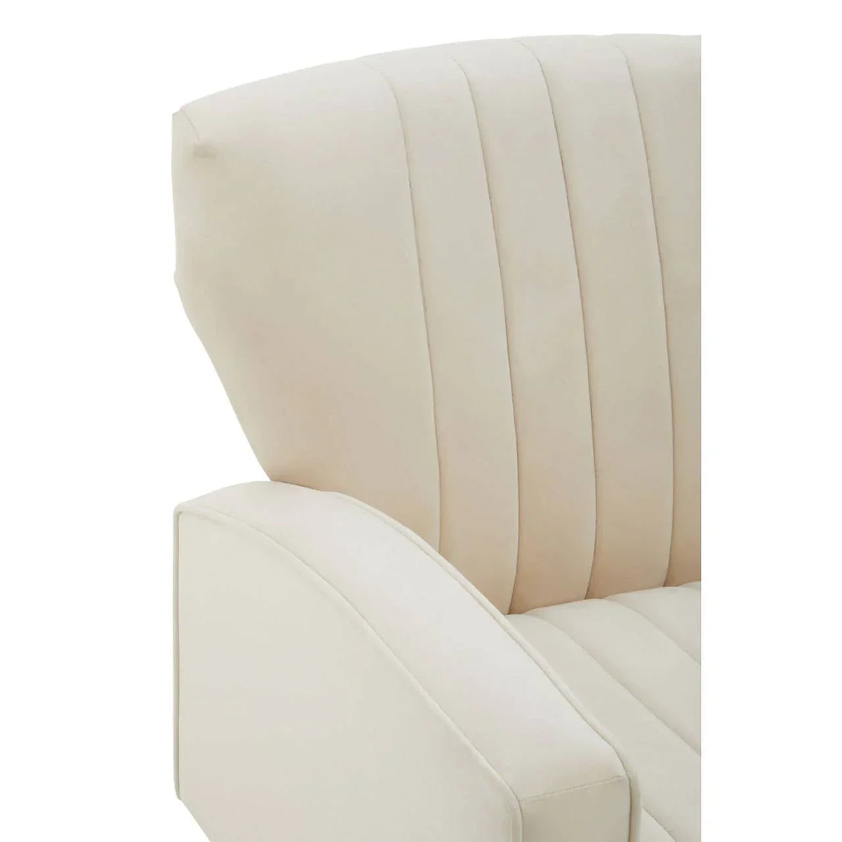 Cream fabric armchair with vertical stitched detailing on backrest, side view focus