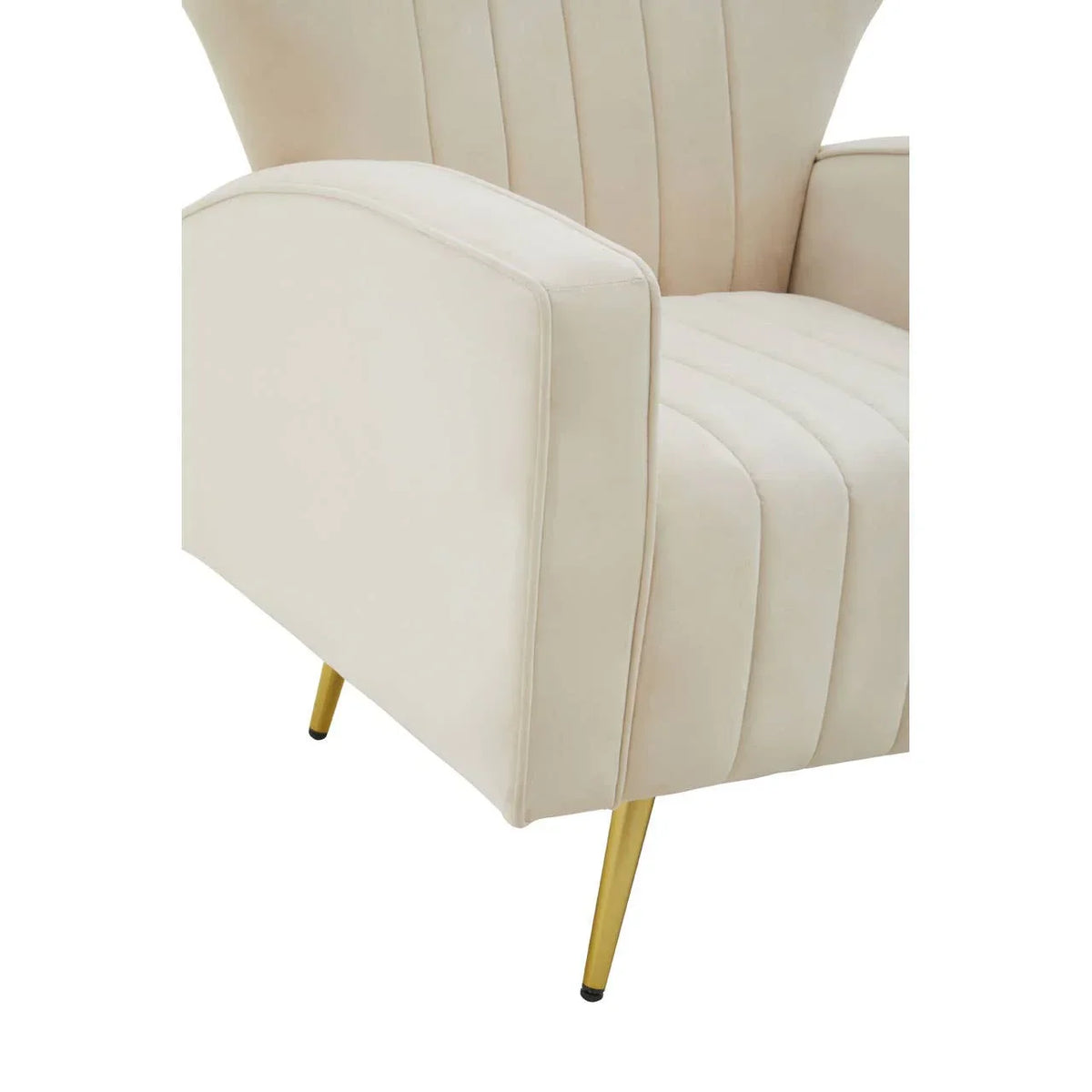 Cream accent chair with vertical stitched upholstery and gold metal legs