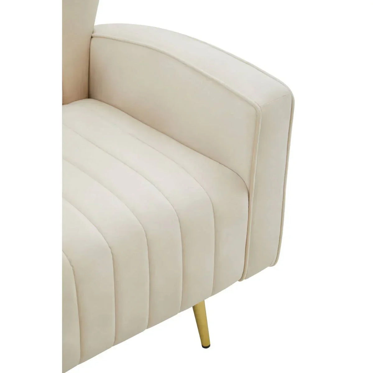 Cream fabric sofa arm with vertical stitching and gold tapered leg