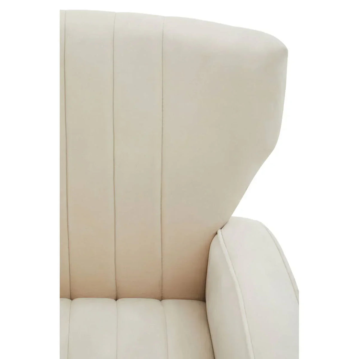 Cream fabric armchair with vertical stitching and padded backrest close-up