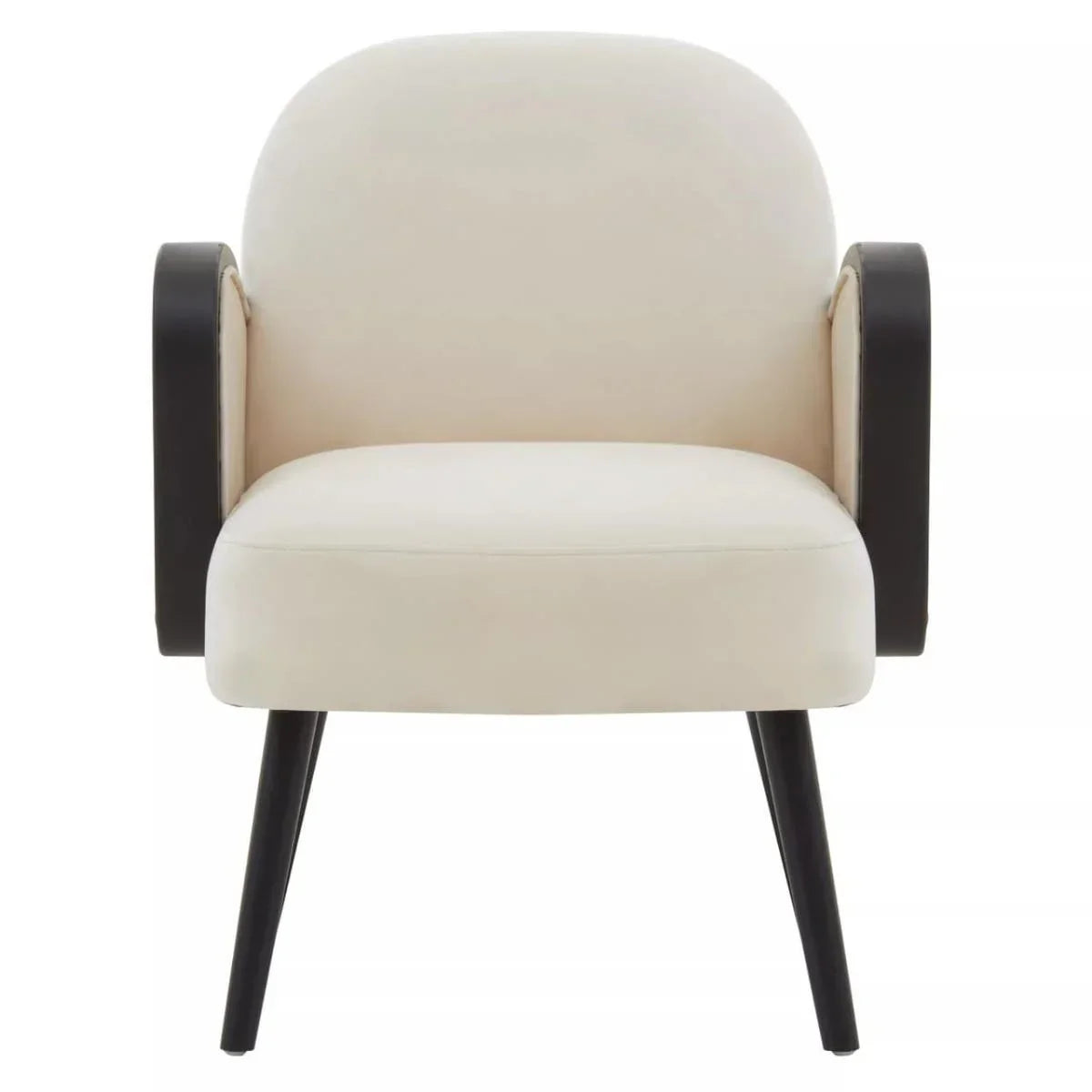 Modern cream accent chair with curved back, black wooden arms, and angled black legs