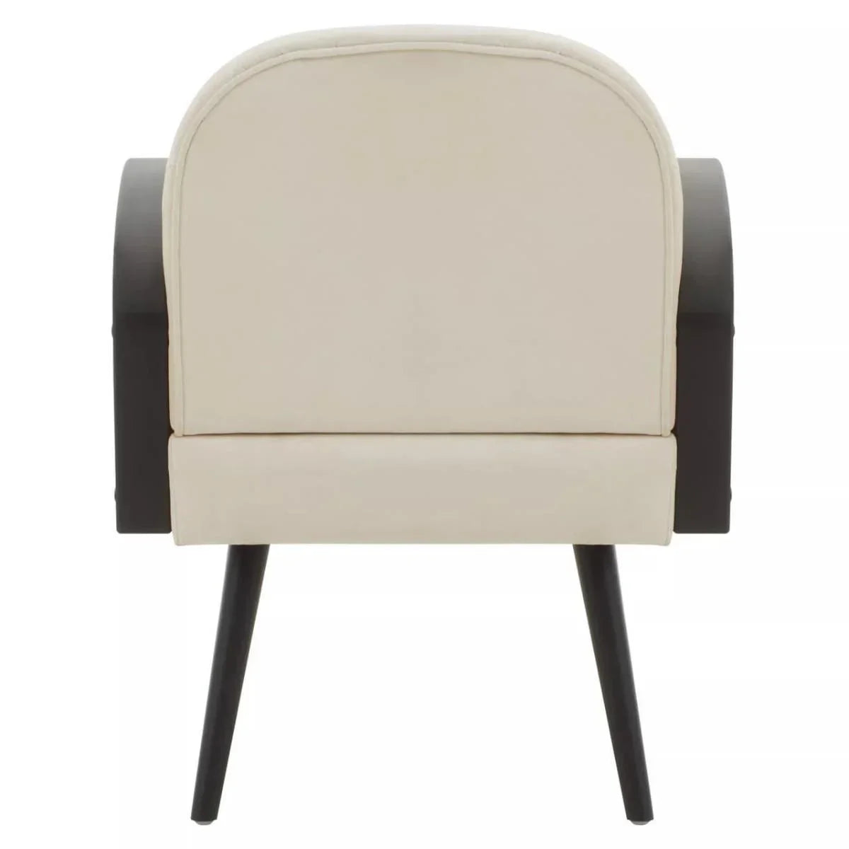 Rear view of cream upholstered accent chair with black legs and armrests