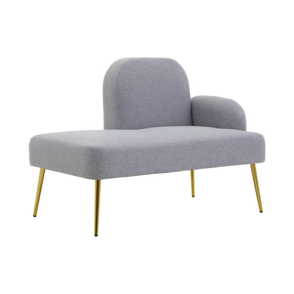 Heather grey chaise longue with a curved backrest and a single armrest, supported by sleek gold legs. The design features a minimalist aesthetic, suitable for modern home decor