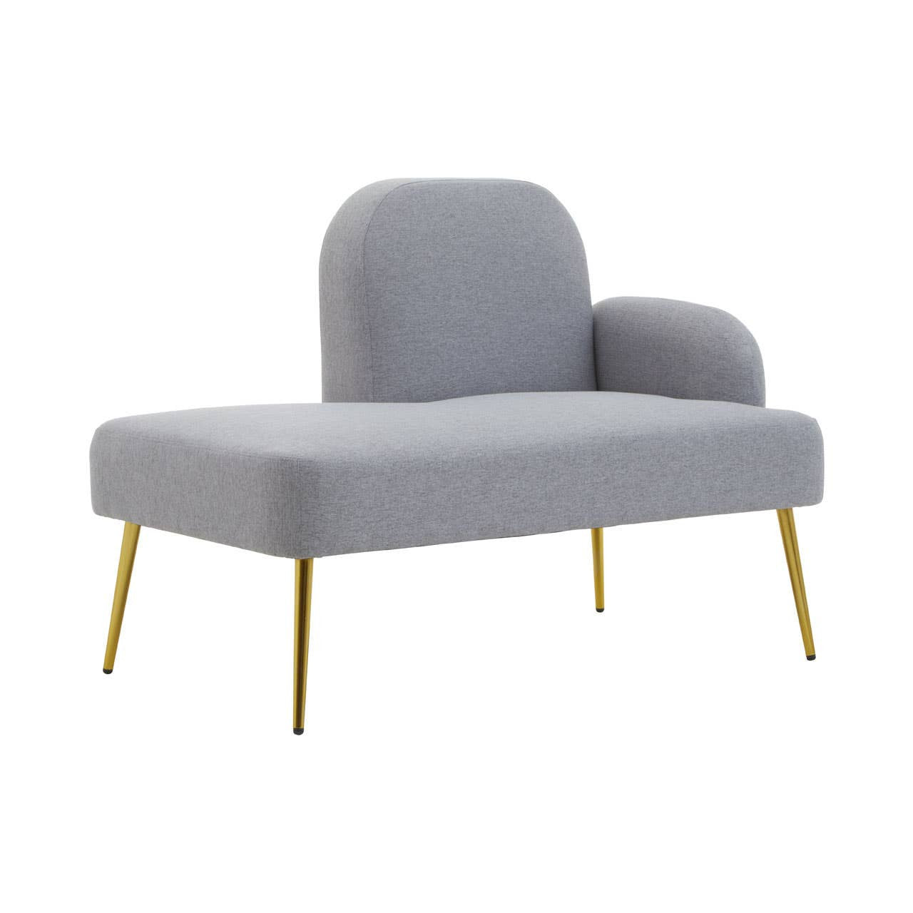 Heather grey chaise longue with a curved backrest and a single armrest, supported by sleek gold legs. The design features a minimalist aesthetic, suitable for modern home decor