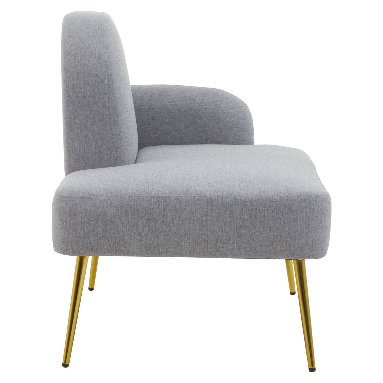 Heather grey chaise longue with a high back and a single armrest, featuring sleek gold metal legs. The upholstery has a soft texture, and the overall design is modern and minimalist