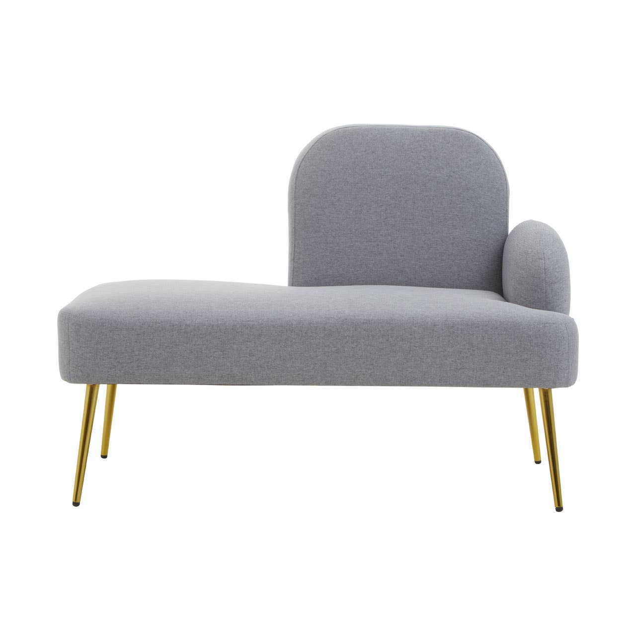 Heather grey chaise longue with a rounded backrest and armrest, supported by sleek gold legs, designed for right-hand seating