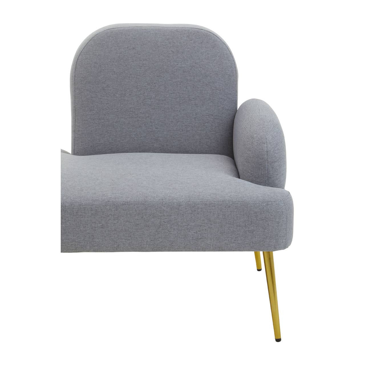 Heather grey chaise longue featuring a rounded backrest and a single armrest, supported by sleek gold legs. The upholstery has a soft texture, creating a modern and inviting look