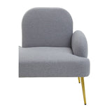 Heather grey chaise longue featuring a rounded backrest and a single armrest, supported by sleek gold legs. The upholstery has a soft texture, creating a modern and inviting look