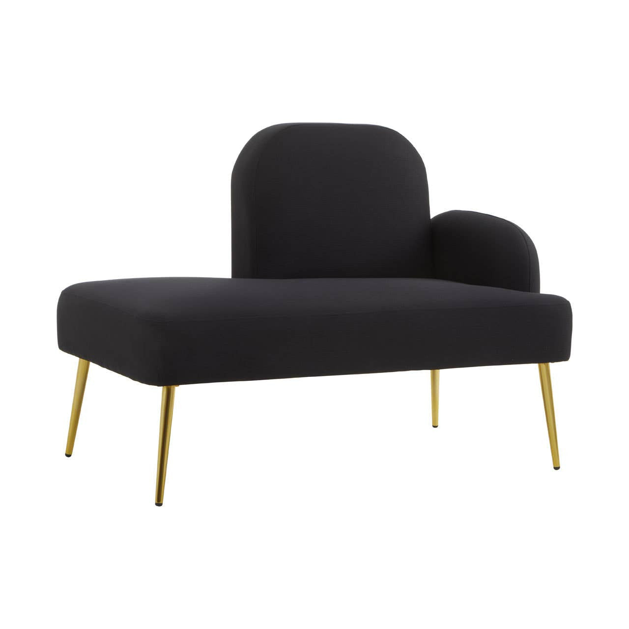 A sleek black chaise longue with a rounded backrest and a small armrest on the right side, supported by slender gold legs. The upholstery features a smooth fabric texture, creating a modern and elegant look suitable for contemporary home decor