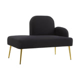 A sleek black chaise longue with a rounded backrest and a small armrest on the right side, supported by slender gold legs. The upholstery features a smooth fabric texture, creating a modern and elegant look suitable for contemporary home decor