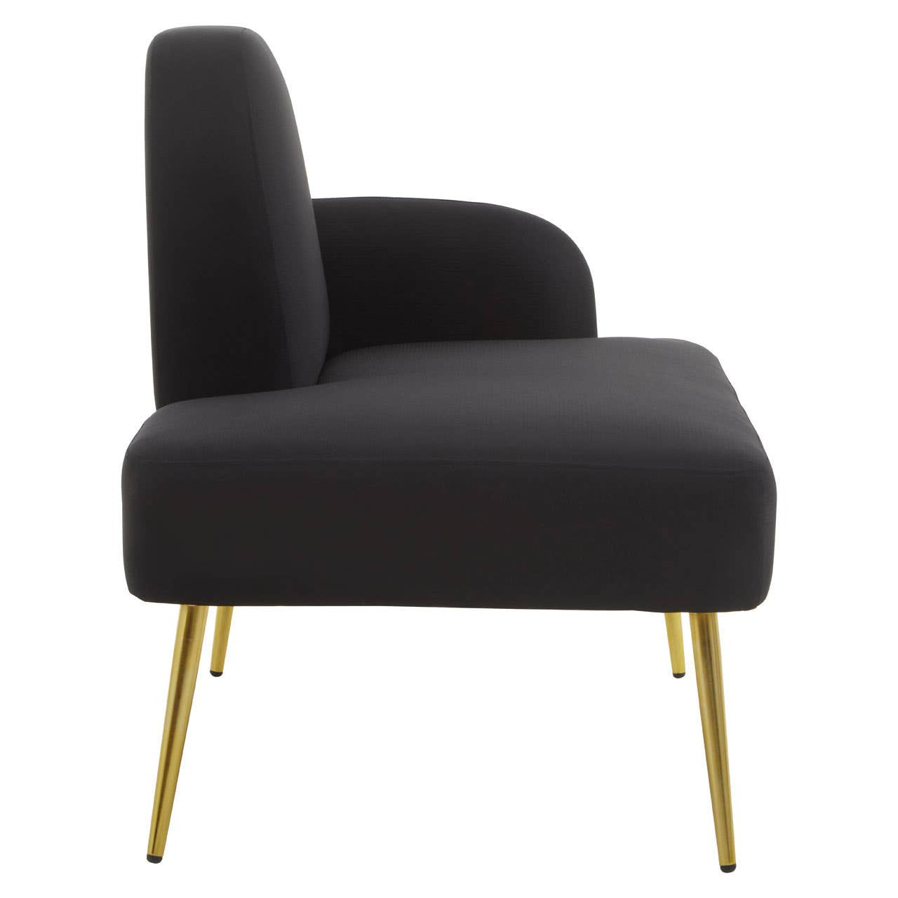 A sleek black chaise longue with a high back and curved armrest, supported by slender gold legs, showcasing a modern and minimalist design