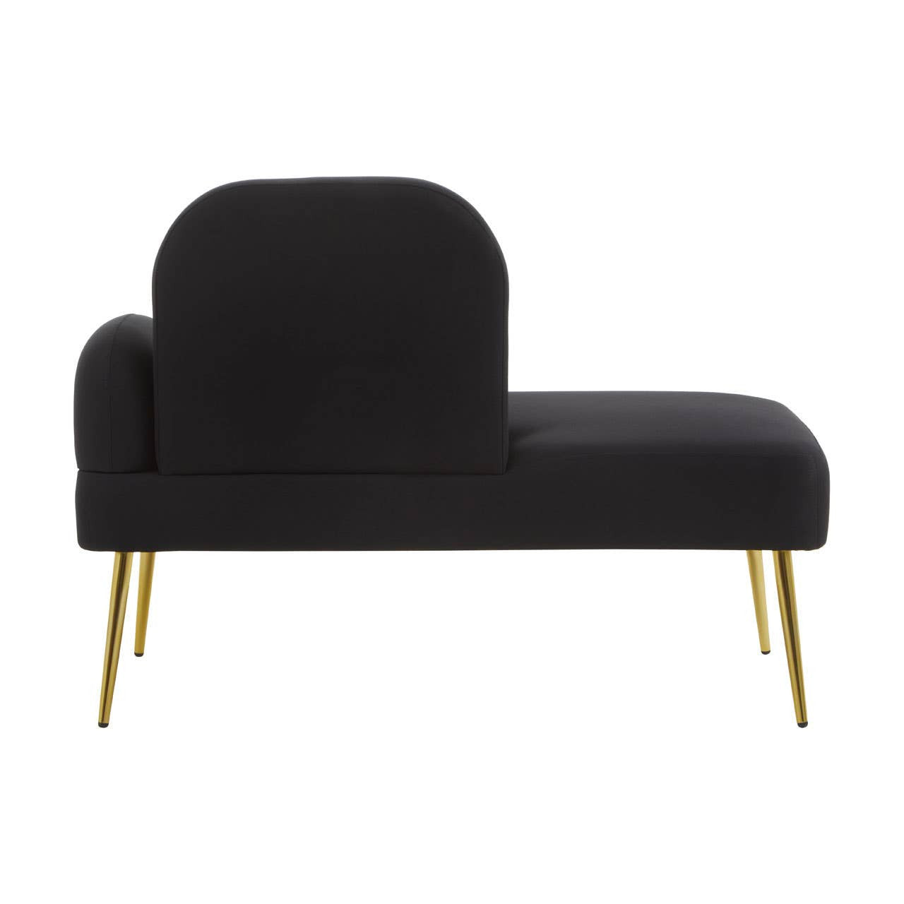 A sleek black chaise longue with a curved backrest and gold metal legs, designed for modern home decor. The upholstery features a smooth texture, and the chaise is positioned to the right, showcasing its elegant silhouette