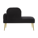 A sleek black chaise longue with a curved backrest and gold metal legs, designed for modern home decor. The upholstery features a smooth texture, and the chaise is positioned to the right, showcasing its elegant silhouette