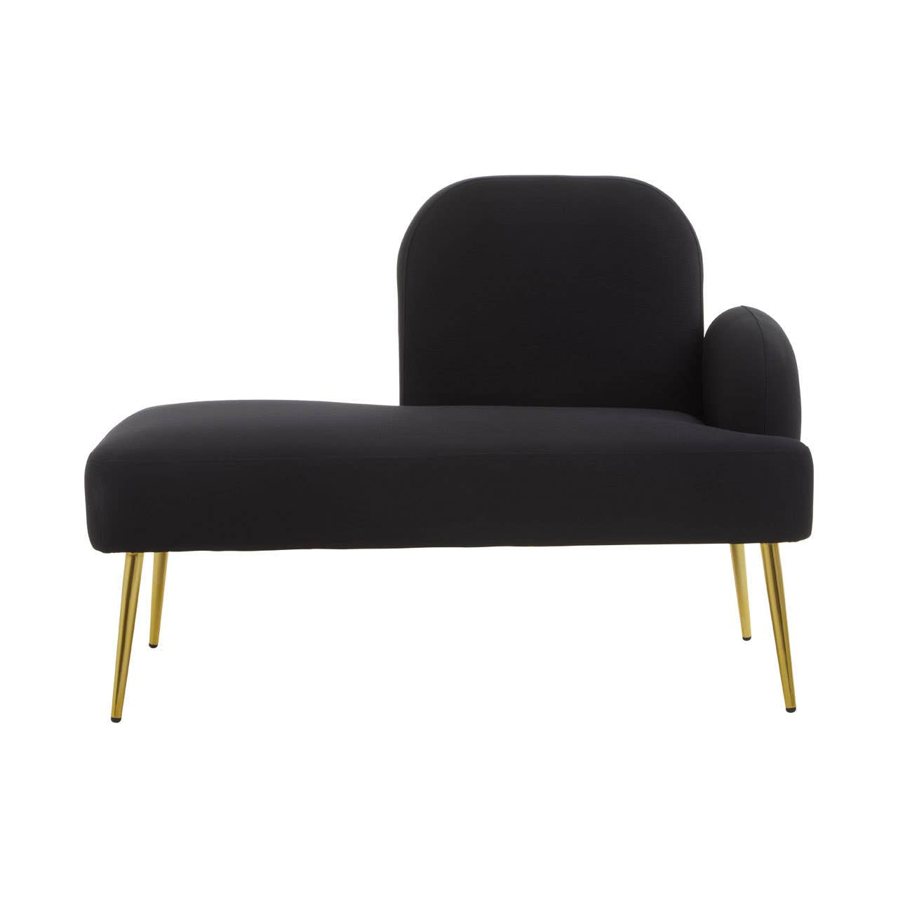 A sleek black chaise longue with a curved backrest and a rounded armrest, supported by elegant gold legs. The upholstery features a smooth texture, creating a modern and stylish appearance suitable for contemporary home decor