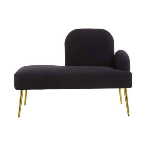 A sleek black chaise longue with a curved backrest and a rounded armrest, supported by elegant gold legs. The upholstery features a smooth texture, creating a modern and stylish appearance suitable for contemporary home decor