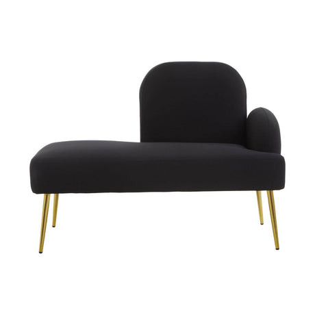 A sleek black chaise longue with a curved backrest and a rounded armrest, supported by elegant gold legs. The upholstery features a smooth texture, creating a modern and stylish appearance suitable for contemporary home decor
