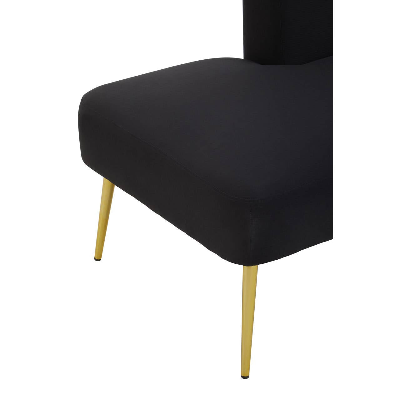 The Heather Black Right Hand Chaise Longue features a sleek black upholstered seat with a modern design, supported by elegant gold metal legs. The chaise has a minimalist aesthetic, showcasing clean lines and a contemporary silhouette