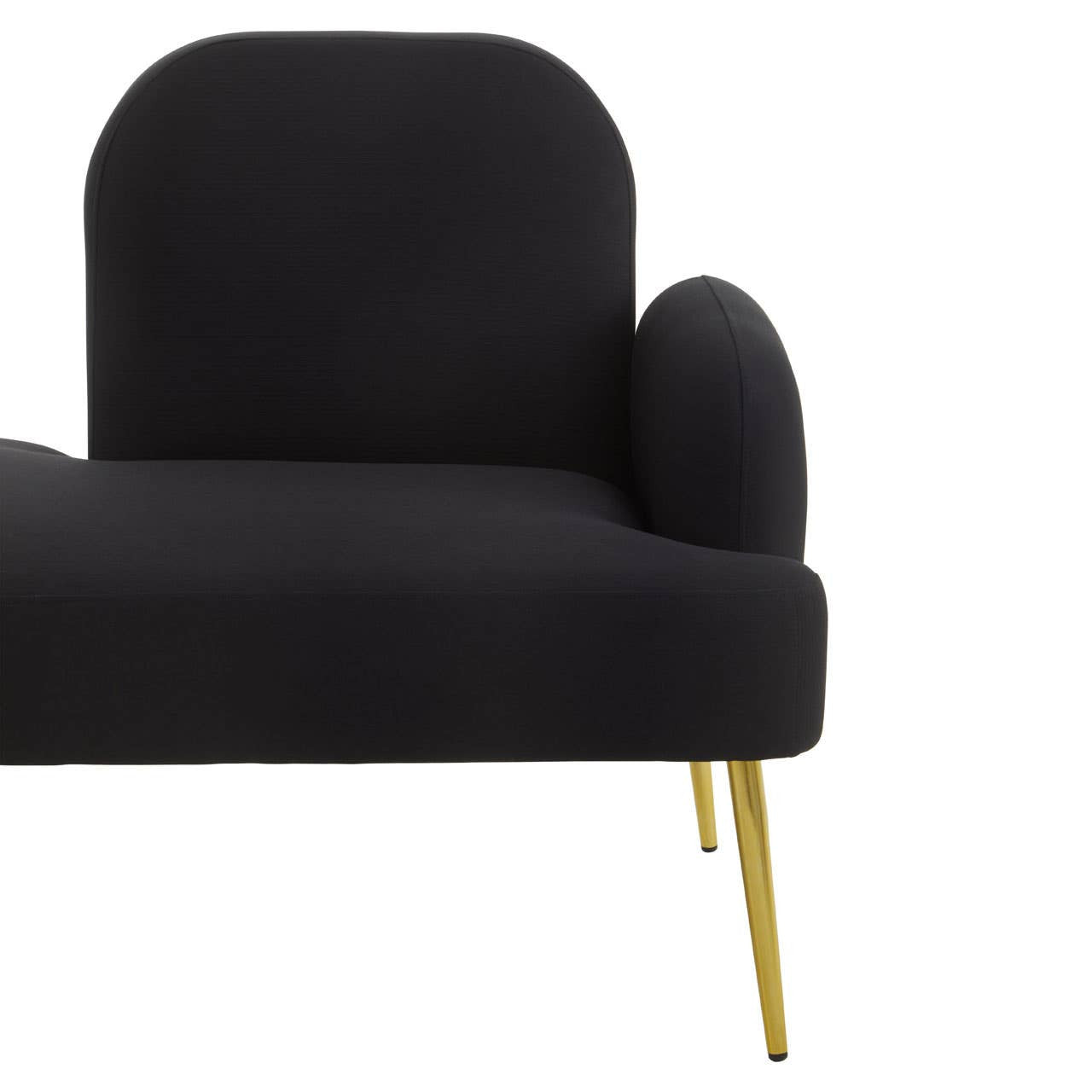 A sleek black chaise longue featuring a rounded backrest and armrest, supported by elegant gold metal legs. The upholstery has a smooth texture, creating a modern and stylish look suitable for contemporary home decor