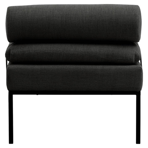 Front view of black fabric armchair with metal legs and thick cushioned seat