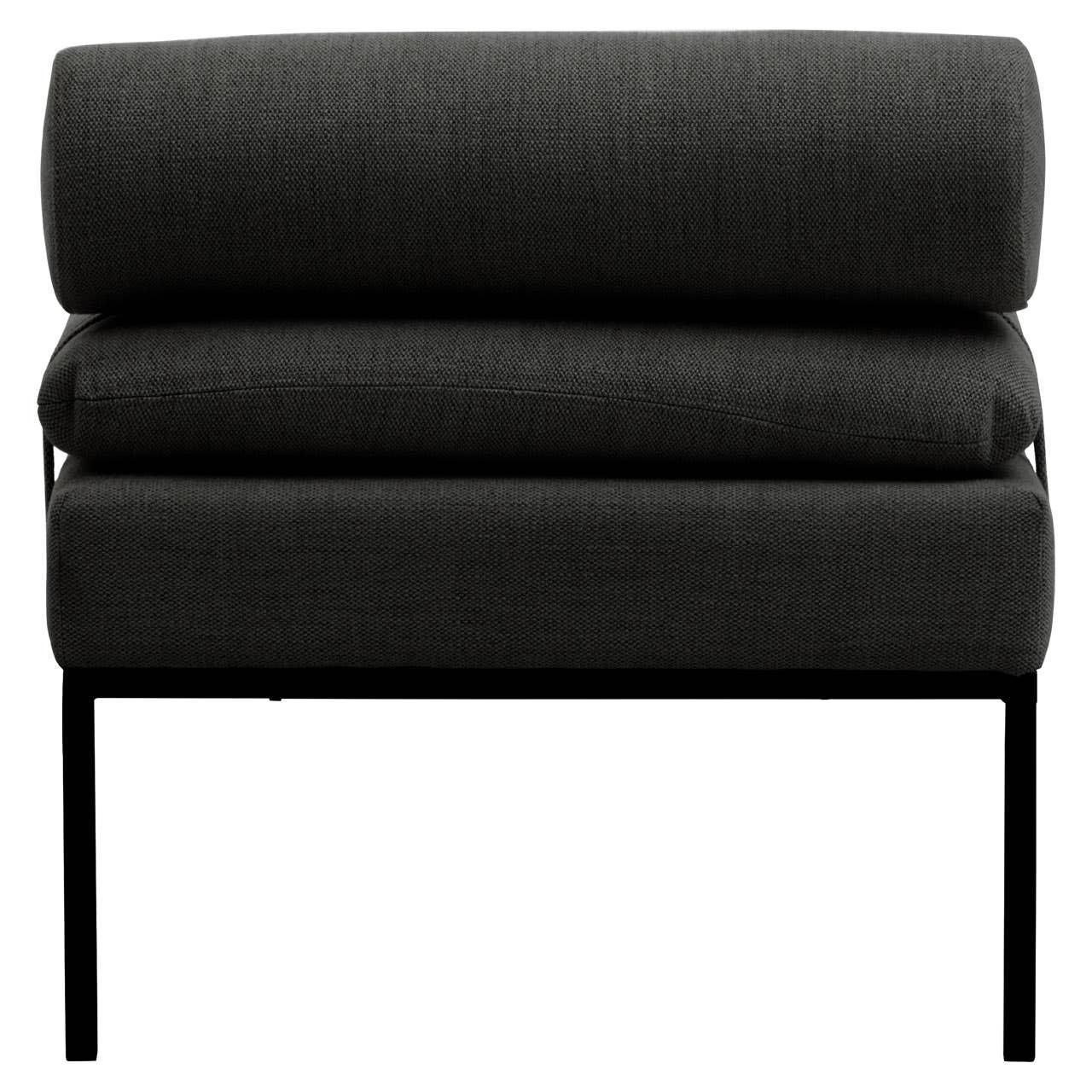 Front view of black fabric armchair with metal legs and thick cushioned seat