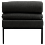 Front view of black fabric armchair with metal legs and thick cushioned seat