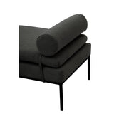 Dark fabric chaise lounge with bolster cushion and slim black metal legs, side angle view