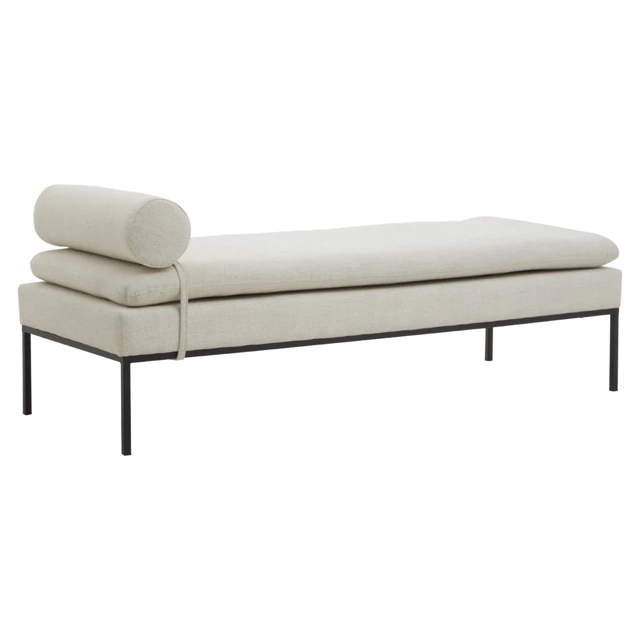 Cream fabric daybed with bolster cushion and black metal legs, side view