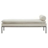 Cream upholstered bench with slim metal legs and cylindrical bolster cushion