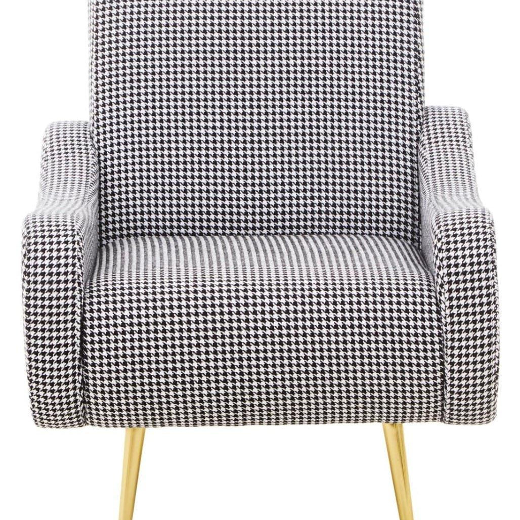 Houndstooth armchair with gold legs, front view, fabric upholstery, modern accent chair