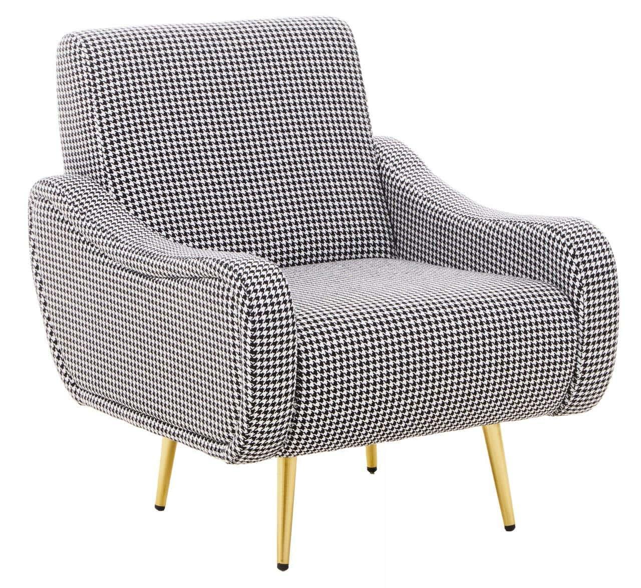 Black and white houndstooth accent chair with gold legs and curved armrests