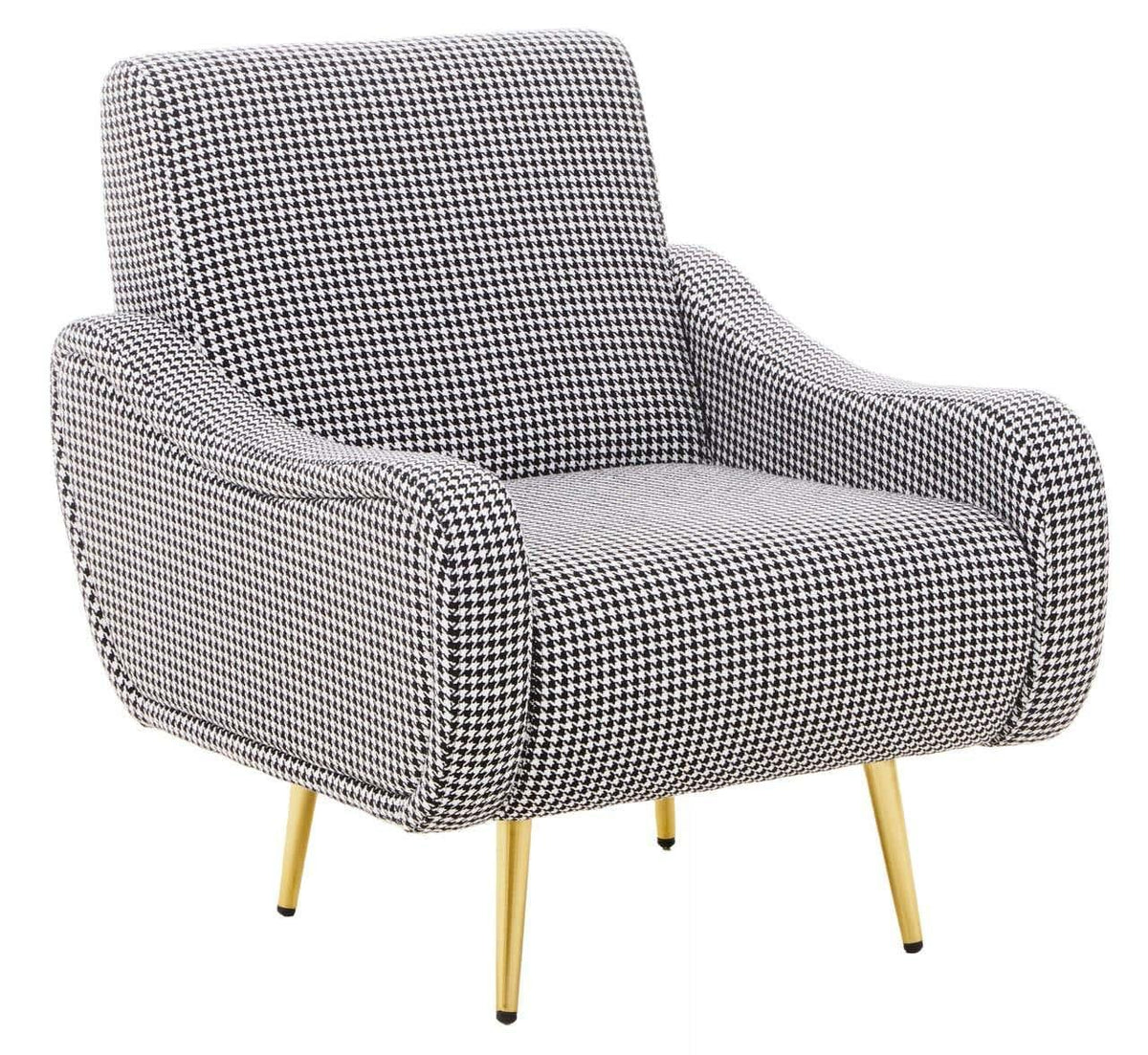 Black and white houndstooth accent chair with gold legs and curved armrests