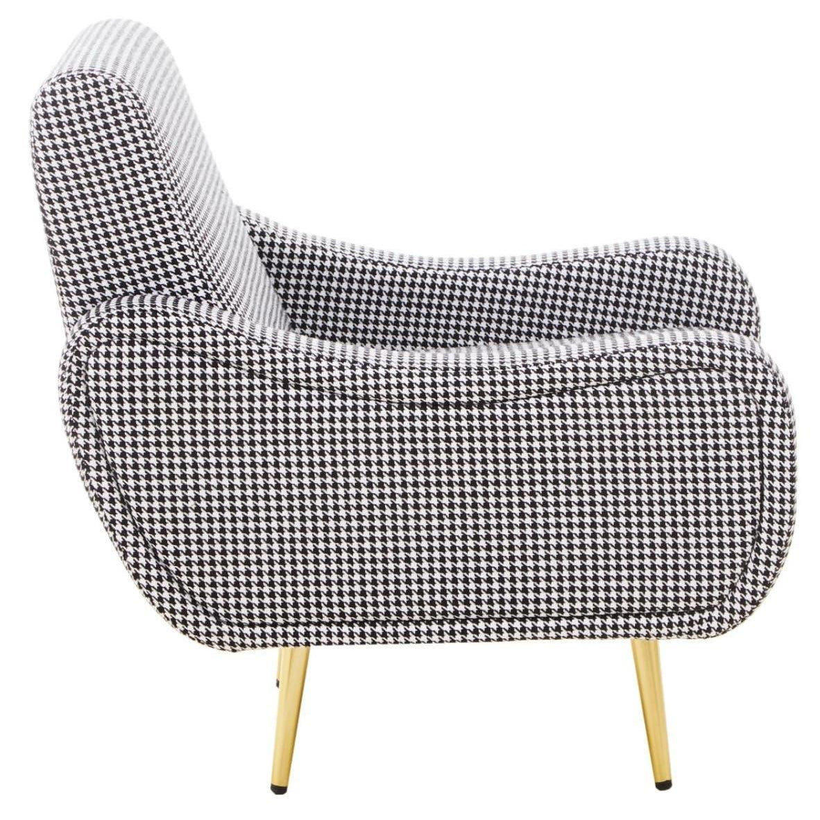 Houndstooth armchair with curved armrests and gold metal legs, side profile view