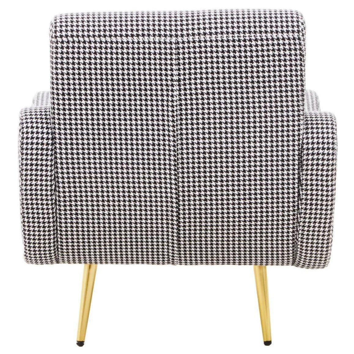 Houndstooth accent chair with gold metal legs, rear view highlighting patterned upholstery