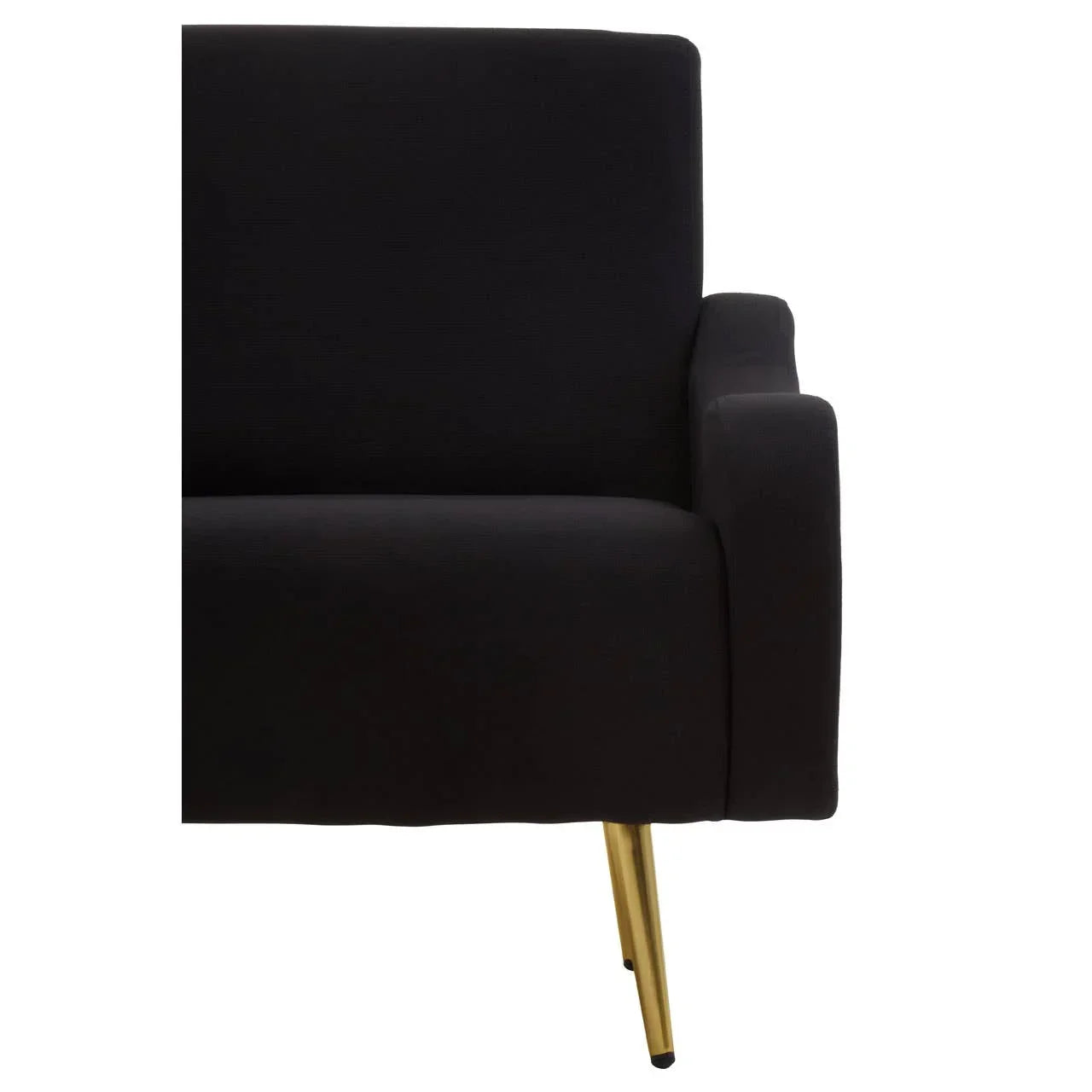 Black fabric sofa arm with gold metal leg, close-up on right side