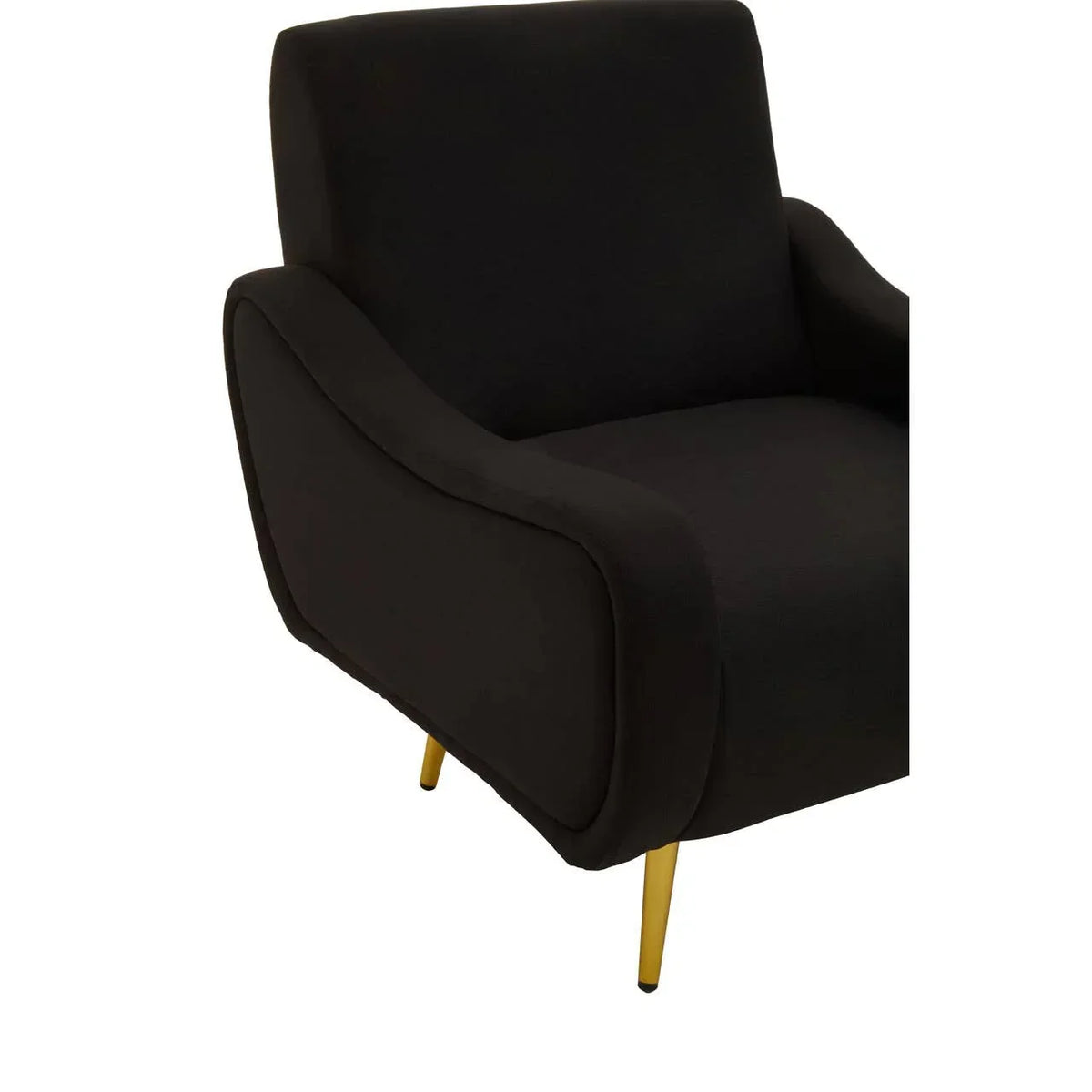 Black armchair with curved arms and gold metal legs, partial side view