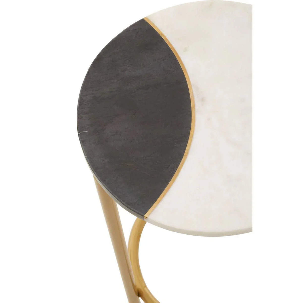 Round side table with black and white marble top and gold metal frame, close-up view