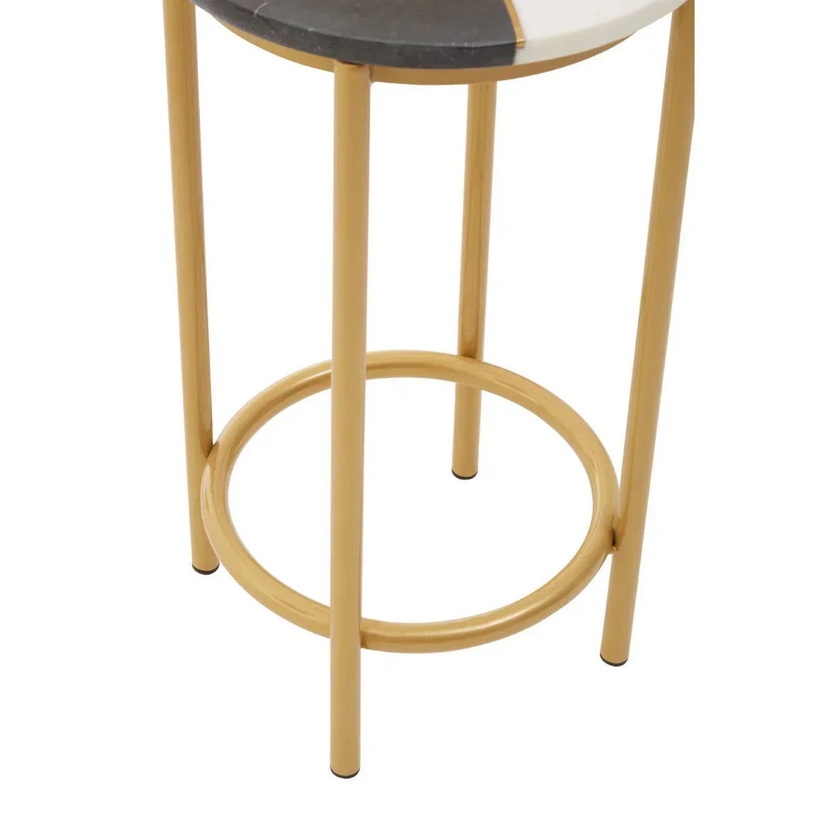 Round side table with gold metal frame and multicolour marble top, close-up of legs
