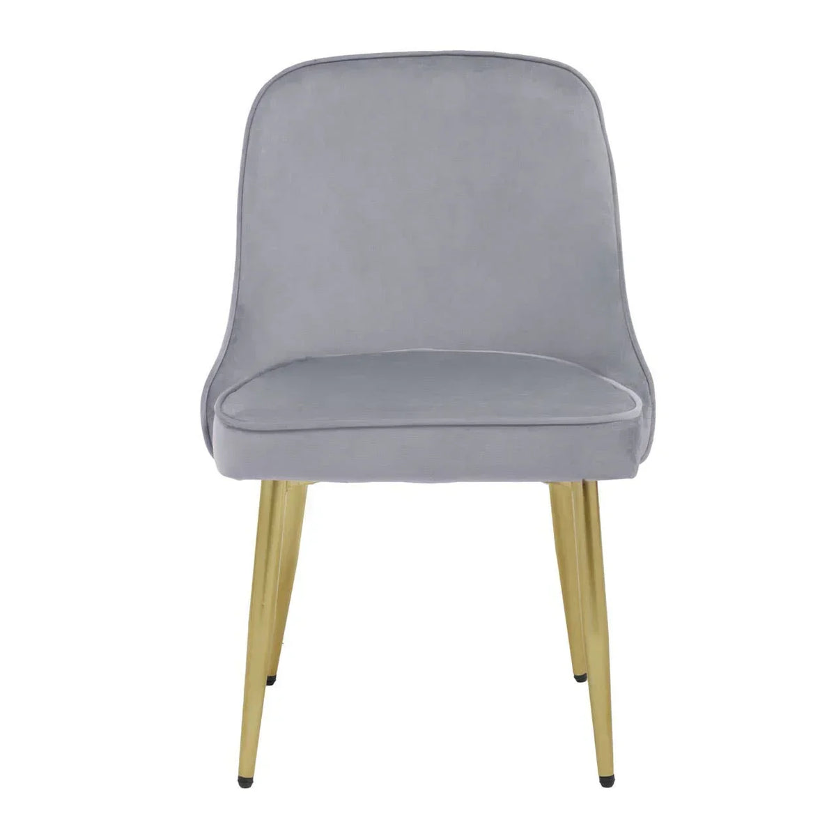 Grey velvet dining chair with gold metal legs, front view