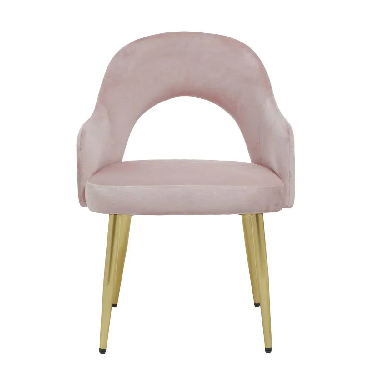 Blush pink velvet accent chair with curved backrest and gold metal legs, front view