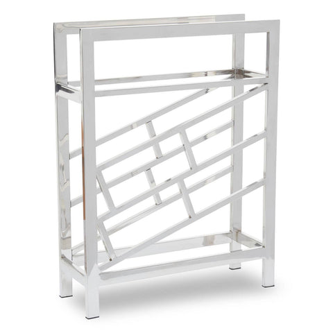 A sleek silver floorstanding wine rack designed to hold 12 bottles, featuring a modern geometric pattern on the sides and a sturdy frame with an open top for easy access. The rack has a polished finish that adds a contemporary touch to any space