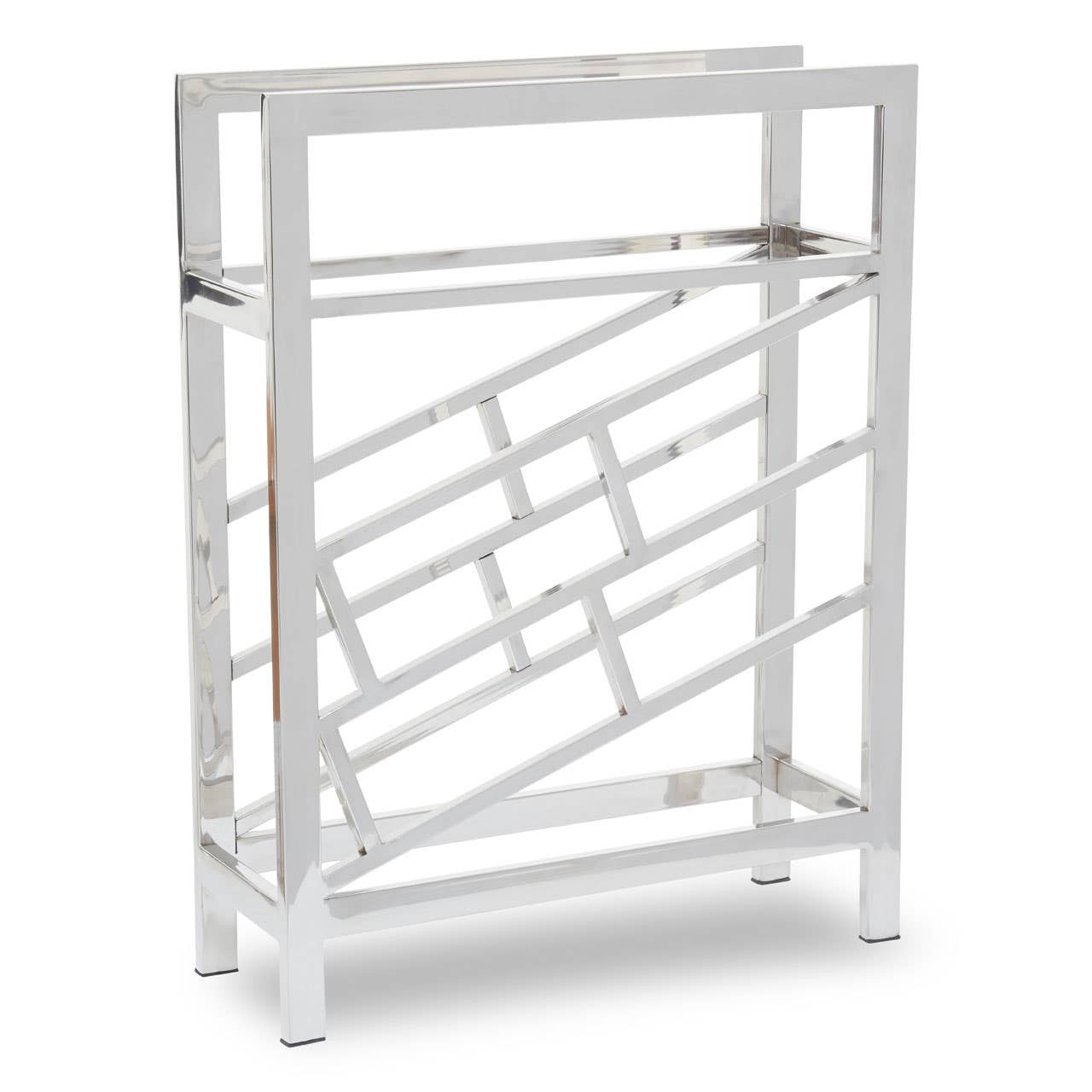 A sleek silver floorstanding wine rack designed to hold 12 bottles, featuring a modern geometric pattern on the sides and a sturdy frame with an open top for easy access. The rack has a polished finish that adds a contemporary touch to any space