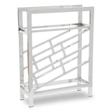 A sleek silver floorstanding wine rack designed to hold 12 bottles, featuring a modern geometric pattern on the sides and a sturdy frame with an open top for easy access. The rack has a polished finish that adds a contemporary touch to any space