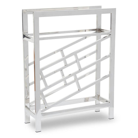 A sleek silver floorstanding wine rack designed to hold 12 bottles, featuring a modern geometric pattern on the sides and a sturdy frame with an open top for easy access. The rack has a polished finish that adds a contemporary touch to any space