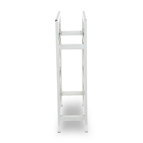 A sleek silver floorstanding wine rack designed to hold up to 12 bottles, featuring a modern, minimalist structure with three open shelves and a sturdy base. The rack has a polished finish and a tall, narrow profile, making it suitable for various home decor styles