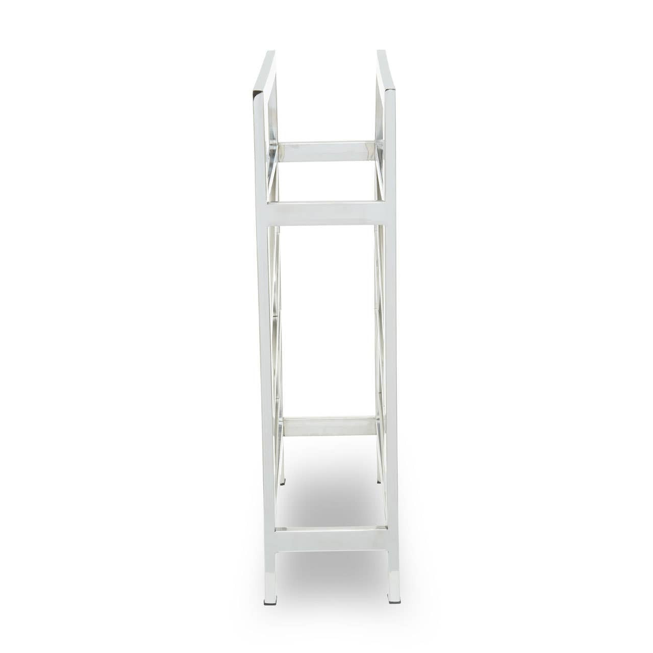 A sleek silver floorstanding wine rack designed to hold up to 12 bottles, featuring a modern, minimalist structure with three open shelves and a sturdy base. The rack has a polished finish and a tall, narrow profile, making it suitable for various home decor styles